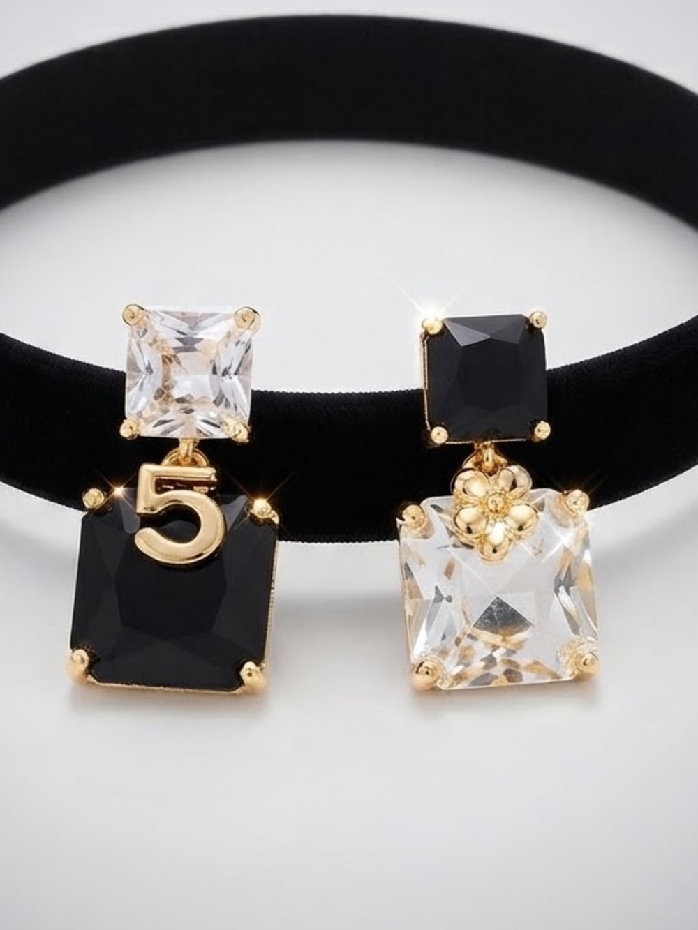Gold Tone Black and Clear Gemstone Drop Earrings With Accent Number 5
